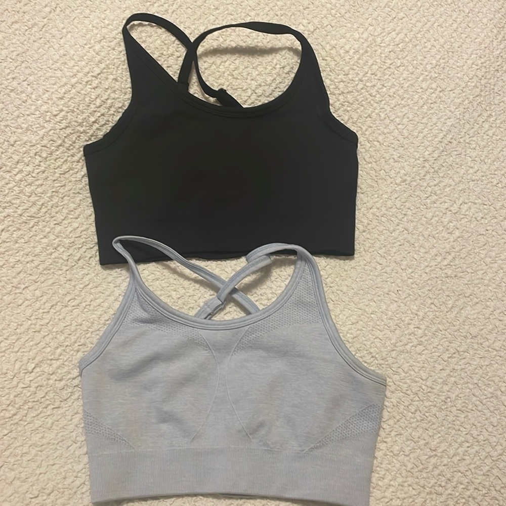 AYBL Sports Bra Black White and Gray/blue logo criss cross straps S